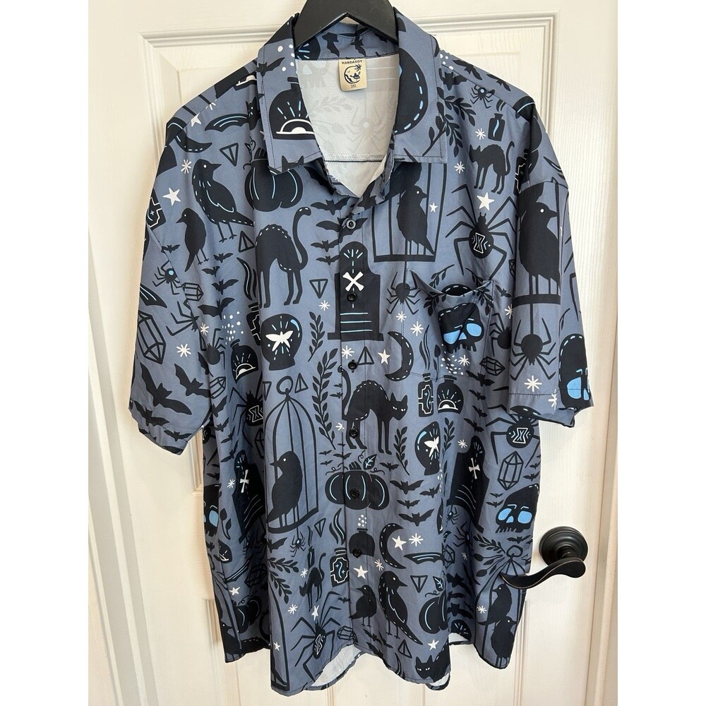 Hardaddy Men's 3XL Midnight Blue Halloween Cats & Bats Hawaiian Shirt